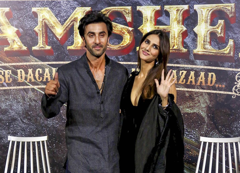 Mumbai: Bollywood actors Ranbir Kapoor and Vaani Kapoor pose for pictures during the trailer launch of their upcoming film ‘Shamshera’, in Mumbai, Friday, June 24, 2022. (PTI Photo)