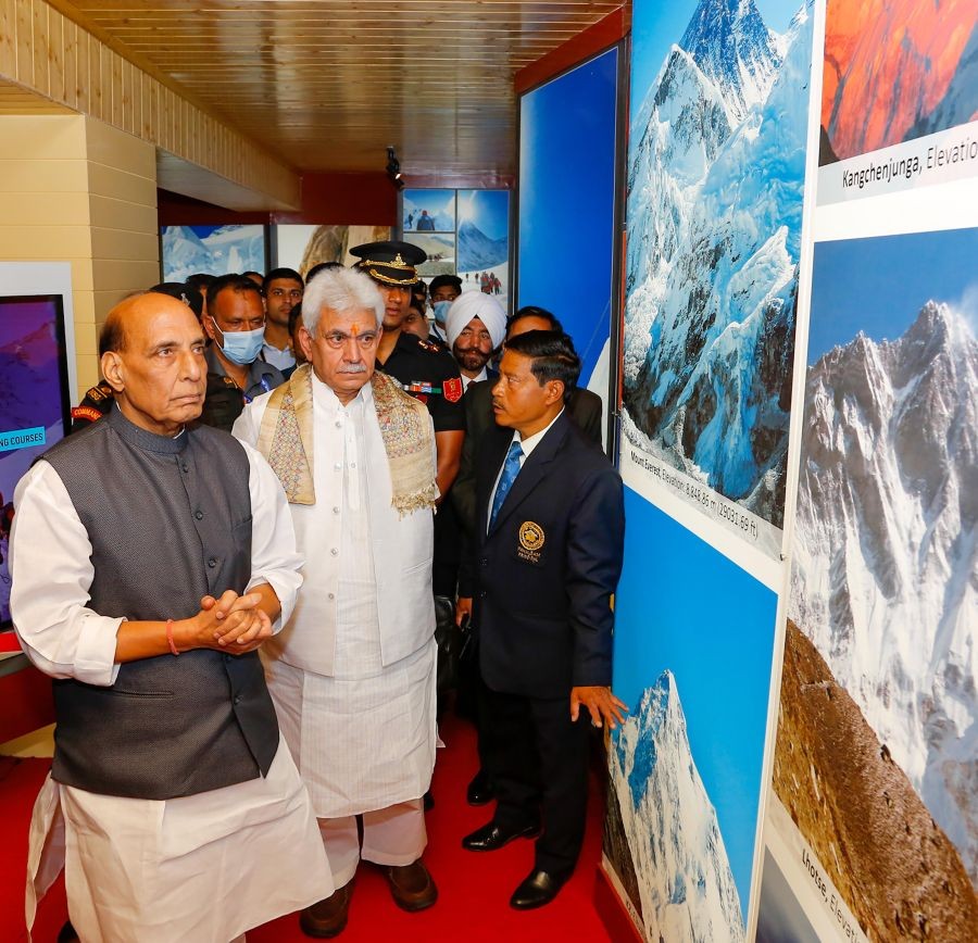 Pahalgam: Defence Minister Rajnath Singh at the inauguration of Col KS Mall Boulder Climbing Wall and Himalayan Museum at the Jawahar Institute of Mountaineering and Winter Sports, in Pahalgam, Friday, June 17, 2022. Also seen in the picture is Lt Governor Manoj Sinha. (PTI Photo)