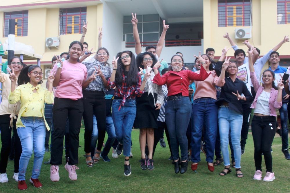 Gurugram: Students celebrate their success after announcement of ICSE Board Class 10th results, at Lt Atul Katarya Memorial School in Gurugram, Sunday, July 17, 2022. (PTI Photo)(