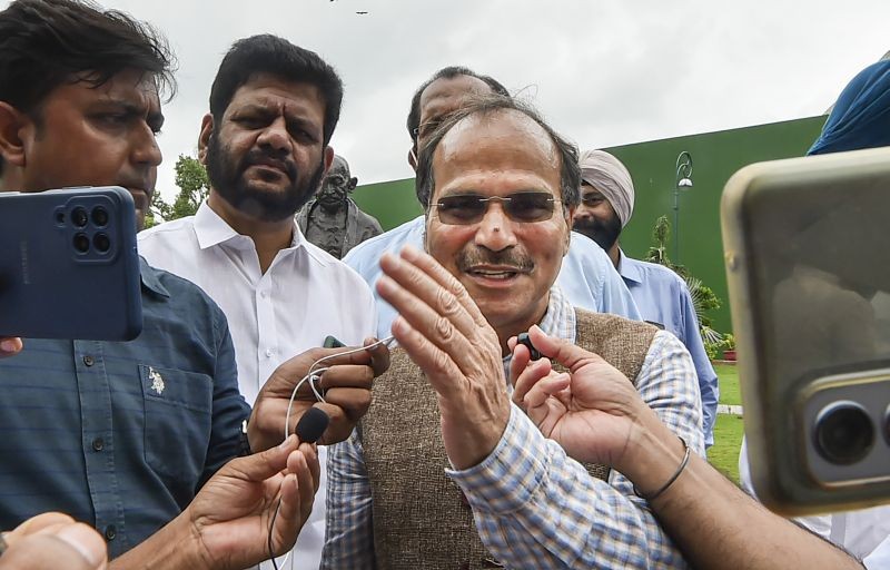 Congress leader Adhir Ranjan Chowdhury interacts with the media at Parliament House during ongoing Monsoon Session, in New Delhi on July 29. (PTI Photo)