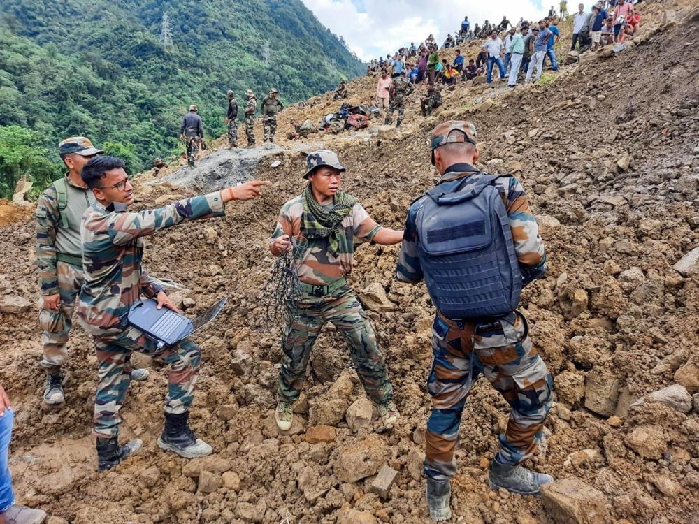 Noney: Rescue operations underway for the third consecutive day after a massive landslide hit the Tupul railway construction camp, in Noney district of Manipur, Saturday, July 2, 2022. (PTI Photo)