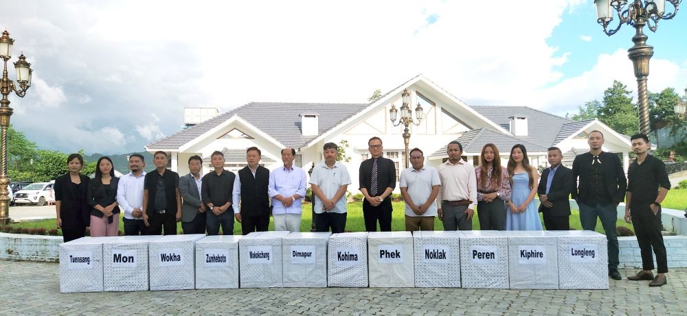 Officials and others during the distribution ceremony of Column Speakers to TaFMA District Partners at the Chief Minister’s Residential Complex on July 14. (Morung Photo)