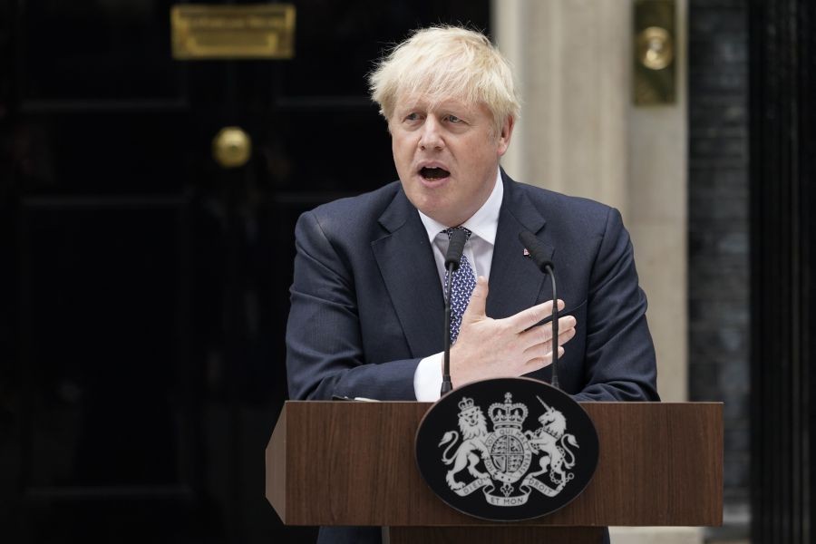 British Prime Minister Boris Johnson speaks to media next to 10 Downing Street in London, Thursday, July 7, 2022. Prime Minister Boris Johnson has agreed to resign, his office said Thursday, ending an unprecedented political crisis over his future that has paralyzed Britain's government. An official in Johnson's Downing Street office confirmed the prime minister would announce his resignation later. The official spoke on condition of anonymity because the announcement had not yet been made. AP/PTI(
