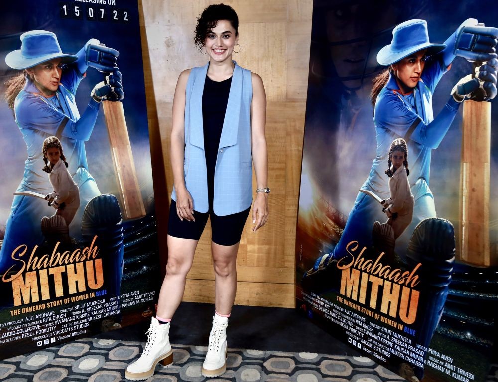 Mumbai: Bollywood actress Taapsee Pannu poses for photos during the promotions of her upcoming film 'Shabaash Mithu', in Mumbai, Thursday, June 30, 2022. (PTI Photo)(
