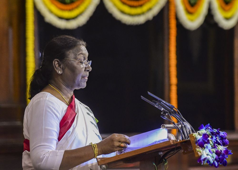 New Delhi: President Droupadi Murmu speaks after taking oath in the Central Hall of Parliament, in New Delhi, Monday, July 25, 2022. (PTI Photo/Kamal Kishore)