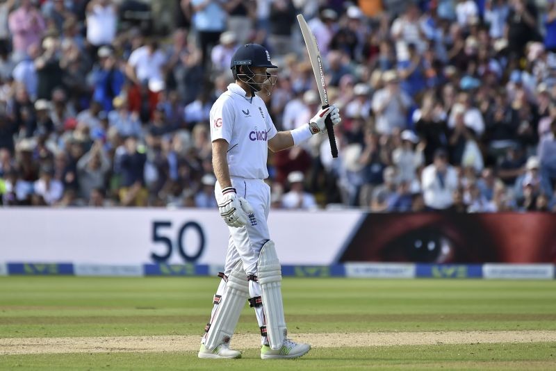 England's Joe Root raises his bat to celebrate scoring fifty runs during the fourth day of the fifth cricket test match between England and India at Edgbaston in Birmingham, England, Monday, July 4, 2022. AP/PTI