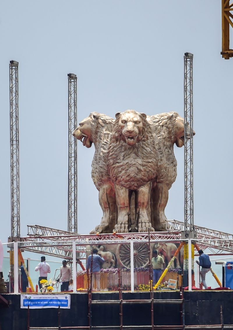 New Delhi: View of the national emblem, which was unveiled by Prime Minister Narendra Modi cast on the roof of New Parliament House building, in New Delhi, Monday, July 11, 2022.  (PTI Photo/Kamal Kishore)