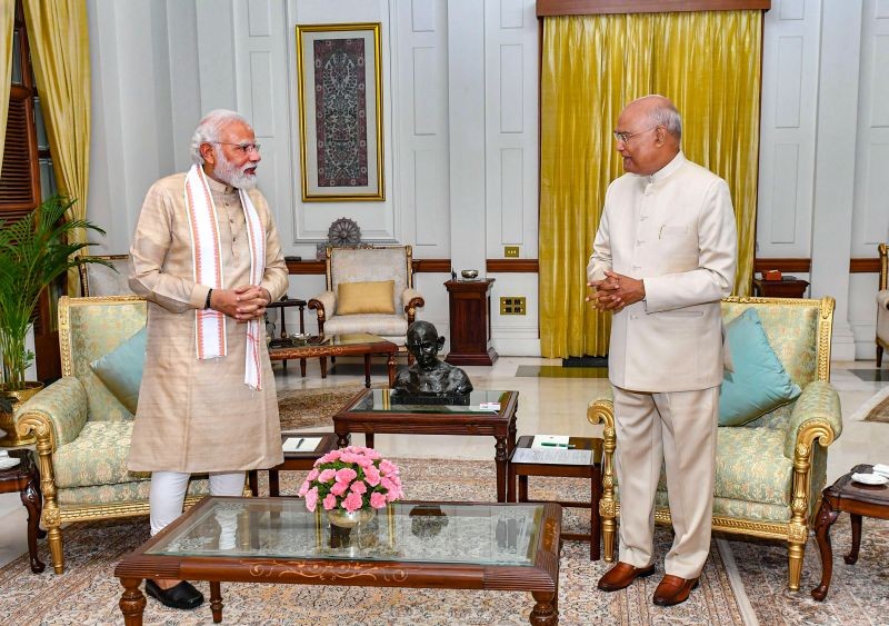 President Ram Nath Kovind and Prime Minister Narendra Modi at a meeting at Rashtrapati Bhavan, in New Delhi, Wednesday, July 13, 2022. (PTI Photo)