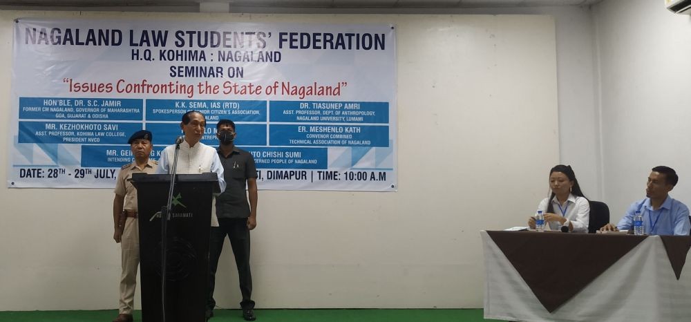 Dr SC Jamir, ex-Chief Minister of Nagaland, Governor of Maharashtra, Goa, Gujarat & Odisha speaking during the opening day of a two-day seminar, organised by the Nagaland Law Students Federation (NLSF) at Hotel Saramati on July 28. (Morung Photo)