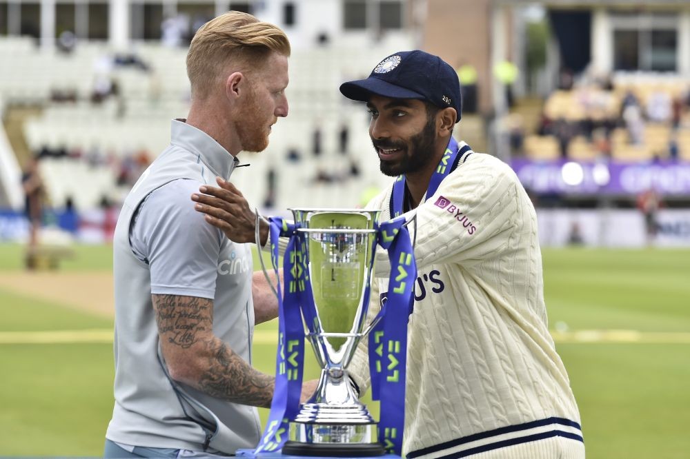 England's captain Ben Stokes, left, and India's captain Jasprit Bumrah shake hands after receiving the winners trophy after England won the fifth cricket test match at Edgbaston in Birmingham, England, Tuesday, July 5, 2022. AP PTI Photo