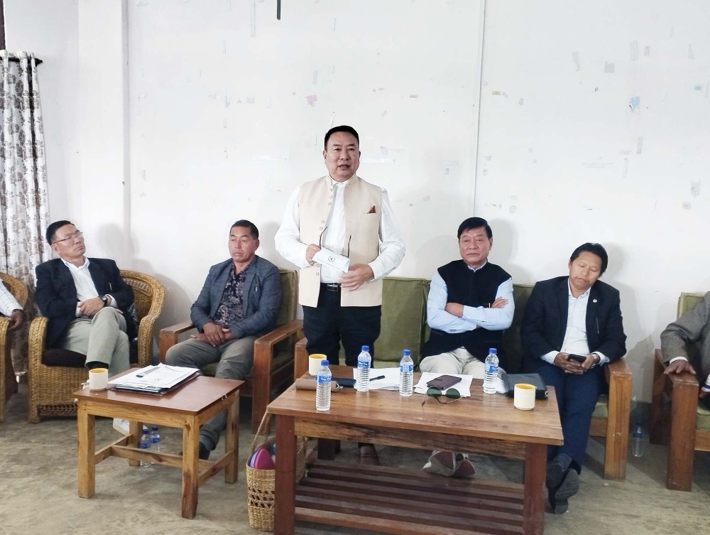 Co-Chairman of the ruling United Democratic Alliance (UDA) and Leader of NPF Legislature Party Kuzholuzo (Azo) Nienu addresses the 17th Chizami Assembly Constituency office bearers’ consultative meeting held at Tourist Lodge, Pfütsero on July 12. (Photo Courtsy: NPF Press Bureau)
