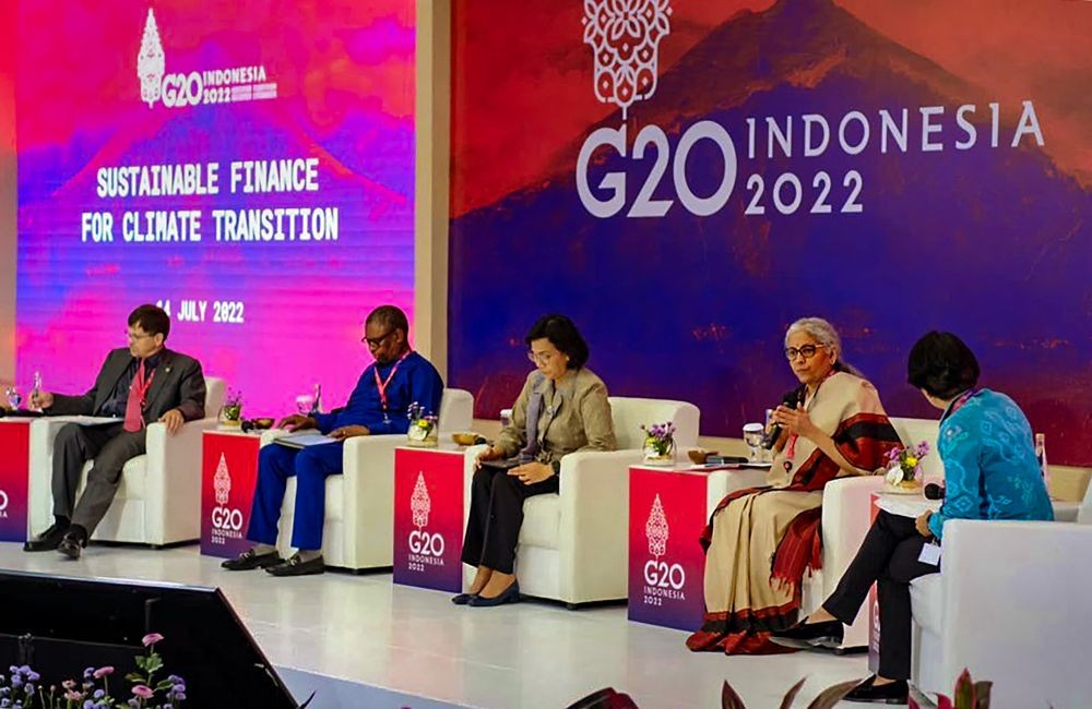*EDS: IMAGE POSTED BY @nsitharaman** Bali: Finance Minister Nirmala Sitharaman speaks during the Sustainable Finance for Climate Transition Roundtable at the G20 Finance Ministers and Central Bank Governors Meeting, in Nusa Dua, Bali, Indonesia, Thursday, July 14, 2022. (PTI Photo)