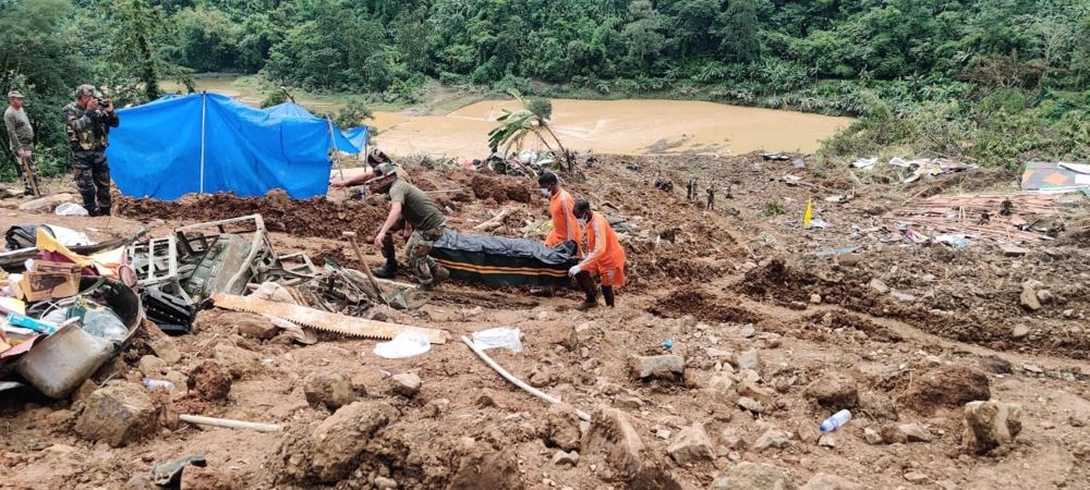 Noney: Rescue operations underway for the fourth consecutive day after a massive landslide hit the Tupul railway construction camp, in Noney district of Manipur, Sunday, July 3, 2022. (PTI Photo)