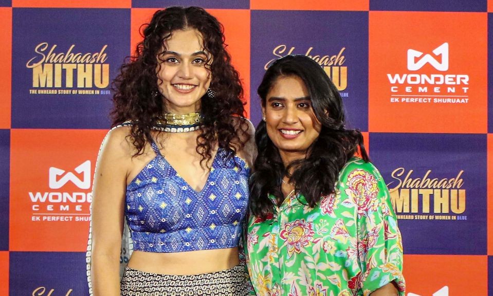 Jaipur: Bollywood actress Taapsee Pannu with former captain of India women's national cricket team Mithali Raj during the promotions of her upcoming sports-drama film 'Shabaash Mithu', based on the latter's life, in Jaipur, Sunday, July 10, 2022. (PTI Photo)