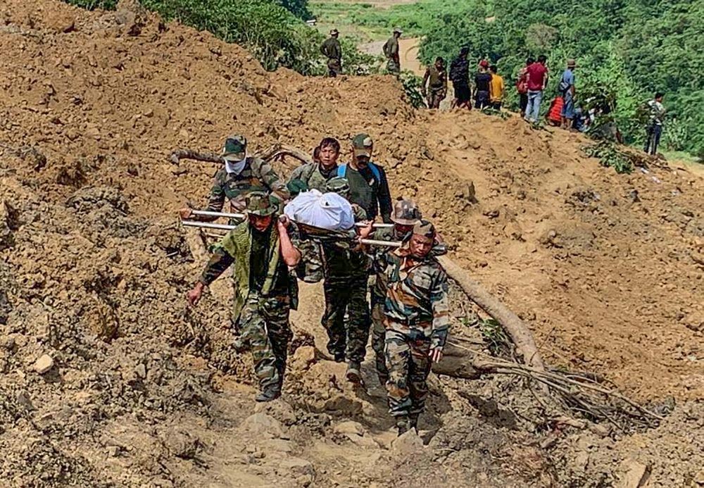 Noney: Rescue operations underway for the second consecutive day after a massive landslide hit the Tupul railway construction camp in Noney district of Manipur, Friday, July 1, 2022. (PTI Photo)