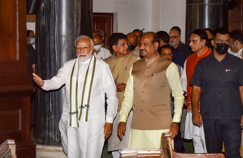 New Delhi: Prime Minister Narendra Modi with Lok Sabha Speaker arrives to pay tribute to Jana Sangh founder Dr Syama Prasad Mookerjee on his birth anniversary, at the Central Hall of Parliament, in New Delhi, Wednesday, July 6, 2022. (PTI Photo/Manvender Vashist)