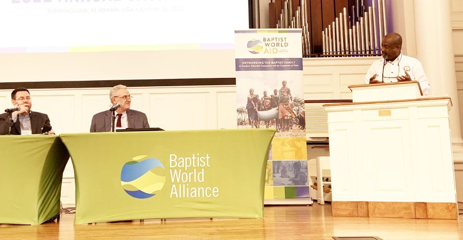 A speaker addresses the Baptist World Alliance’s 2022 Annual Gathering held at Birmingham, Alabama, the United States from July 10-15. (Photo Courtesy:  BWA @BaptistWorld/Twitter)