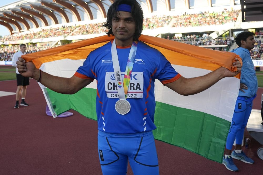 Silver medalist Neeraj Chopra, of India, celebrates after the men's javelin throw final at the World Athletics Championships on Saturday, July 23, 2022, in Eugene, Ore. (AP/PTI)(