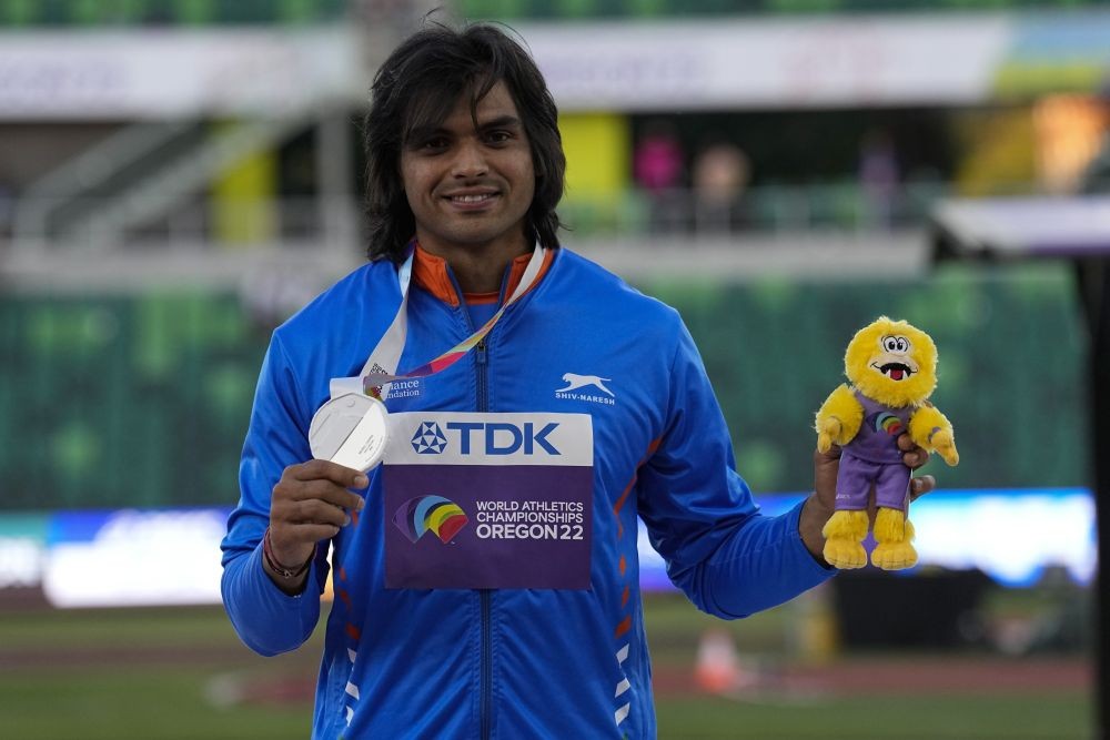 Silver medalist Neeraj Chopra, of India, poses during a medal ceremony for the men's javelin throw final at the World Athletics Championships on Saturday, July 23, 2022, in Eugene, Ore. (AP/PTI)