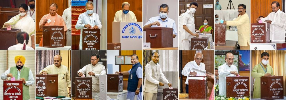 **EDS: COMBO IMAGE** New Delhi: In this combo image Chief Ministers; Mamata Banerjee (West Bengal) Yogi Adityanath (Uttar Pradesh), Ashok Gehlot (Rajasthan), Naveen Patnaik (Odisha) Arvind Kejriwal (Delhi), MK Stalin (Tamil Nadu), Hemant Soren (Jharkhand), K. Chandrashekar Rao (Telangana), Manik Saha (Tripura), N. Biren Singh (Manipur), Bhupendra Patel (Gujarat), Jai Ram Thakur (Himachal Pradesh), Himanta Biswa Sarma (Assam), Pushkar Singh Dhami (Uttarakhand), Basavaraj Bommai (Karnataka) and Bhagwant Mann (Punjab), cast their votes for the election of the President on Monday, July 18, 2022. (PTI Photo)