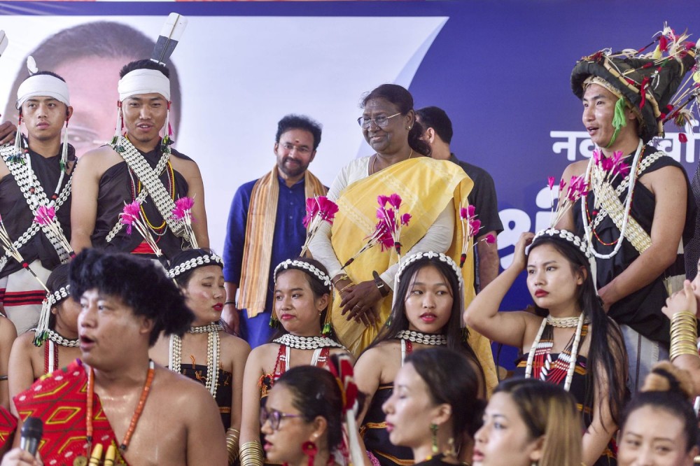 New Delhi: President-elect Droupadi Murmu with Union Culture Minister G Kishen Reddy and Naga tribal artists while receiving greetings at her residence, in New Delhi, Friday, July 22, 2022. (PTI Photo/Vijay Verma)