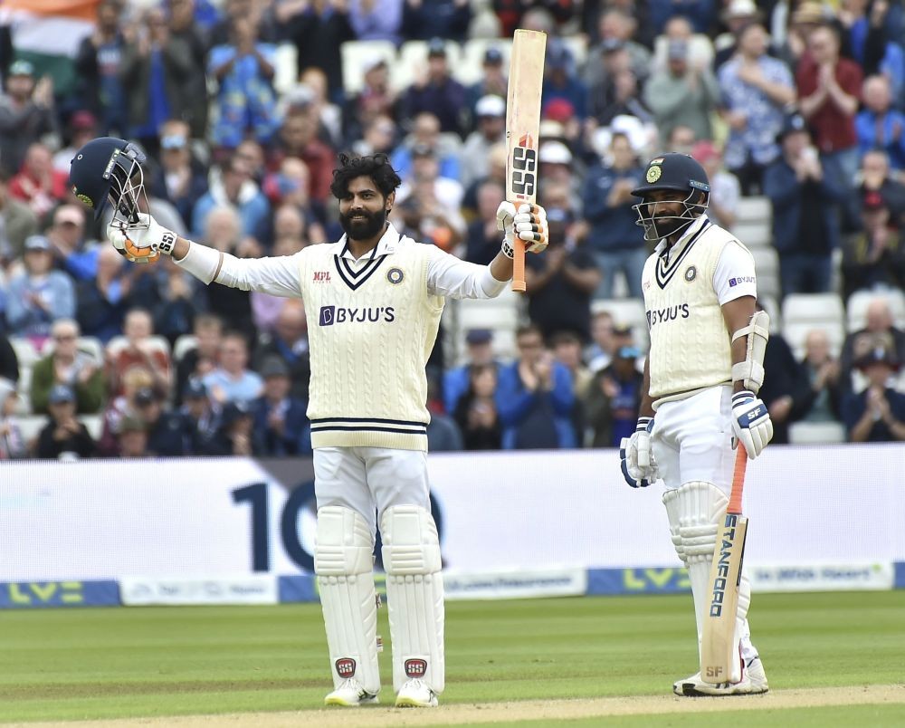 India's Ravindra Jadeja, left, celebrates after reaching a century during the second day of the fifth cricket test match between England and India at Edgbaston in Birmingham, England, Saturday, July 2, 2022. AP/PTI