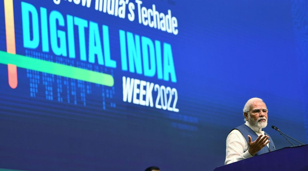 **EDS: HANDOUT PHOTO MADE AVAILABLE FROM PIB ON MONDAY, JULY 4, 2022** Gandhinagar: Prime Minister Narendra Modi addresses the ‘Digital India Week 2022’ in Gandhinagar, Monday, July 4, 2022. (PTI Photo)(