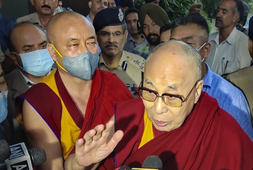 Jammu: Tibetan spiritual leader the Dalai Lama talks to the media as he arrives in Jammu, Thursday, July 14, 2022. (PTI Photo)