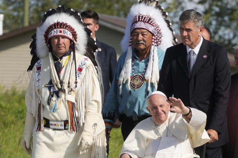 Pope Francis arrives for a pilgrimage at the Lac Saint Anne, Canada on July 26, 2022. Pope Francis is on a second day of a "penitential" six-day visit to Canada to beg forgiveness from survivors of the country's residential schools, where Catholic missionaries contributed to the "cultural genocide" of generations of Indigenous children by trying to stamp out their languages, cultures and traditions. (AP Photo)