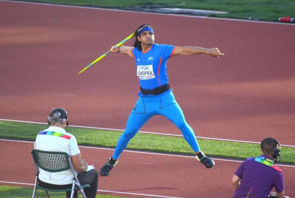 **EDS: TWITTER IMAGE POSTED BY @Media_SAI ON SUNDAY, JULY 24, 2022** Eugene: Athlete Neeraj Chopra competes in the men's javelin throw event at the World Athletics Championships, in Eugene, USA. Chopra won the silver medal with his best throw of 88.13m. (SAI/G Rajaraman)