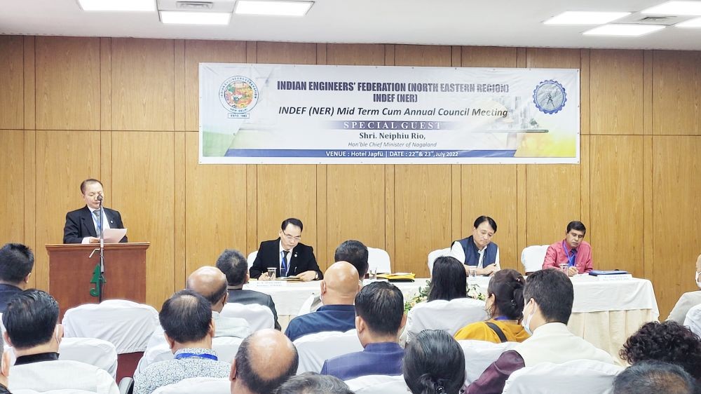 INDEF (NER) president Er Pura Tupe speaking at the Mid Term cum annual council meeting of INDEF (NER) in Kohima on July 22. (Morung Photo)