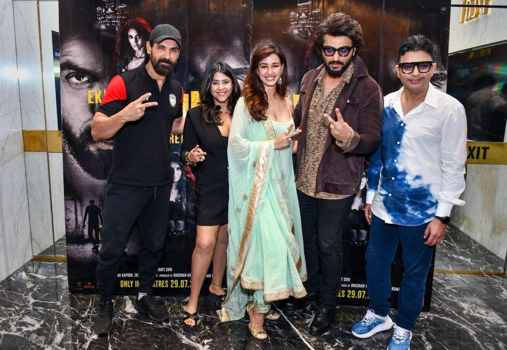 New Delhi: Bollywood actors John Abraham, Disha Patani and Arjun Kapoor with film director Ekta Kapoor and Managing Director of T-Series Bhushan Kumar pose for photos during the promotions of their upcoming movie ‘Ek Villain Returns’, in New Delhi, Monday, July 25, 2022. (PTI Photo)