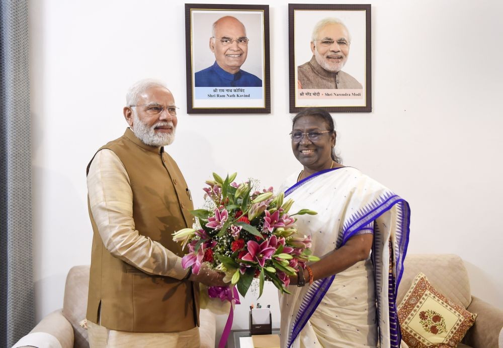 New Delhi: Prime Minister Narendra Modi with NDA Presidential candidate Droupadi Murmu, who is set to be the first tribal woman President of India, in New Delhi, Thursday, July 21, 2022. (PTI Photo/Atul Yadav)