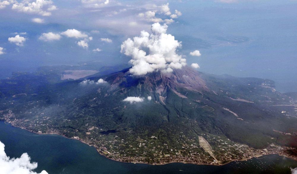 This aerial photo shows Sakurajima volcano in Kagoshima, southern island of Kyushu, Japan, one day after its eruption, Monday, July 25, 2022. The volcano spewed ash and large rocks into the nighttime sky on Sunday. (AP/PTI)(