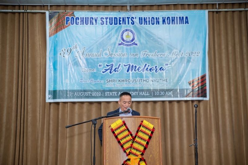 Khrousútho Nyuthe speaking at 39th annual session cum Freshers' Meet of PSUK on August 27 in Kohima.