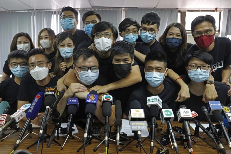 Pro-democracy activists who were elected from unofficial pro-democracy primaries, including Joshua Wong, left, attend a press conference in Hong Kong on July 15, 2020. Authorities in Chinese-controlled Hong Kong say 29 out of 47 pro-democracy activists charged with "conspiracy to commit subversion" under a tough National Security Law have pleaded guilty, as the Beijing government seeks to further silence opposition voices in the regional financial hub. (AP File Photo)