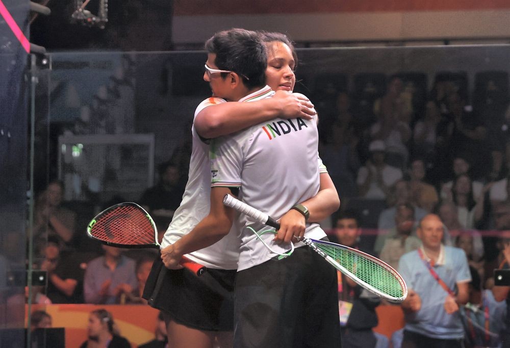 India's Dipika Pallikal Karthik and Saurav Ghosal celebrate beating Australia's Donna Lobban and Cameron Pilley during the Mixed Doubles bronze medal squash match at the University of Birmingham Hockey and Squash Centre on day ten of the 2022 Commonwealth Games in Birmingham, England, Sunday Aug. 7, 2022.  AP/PTI(