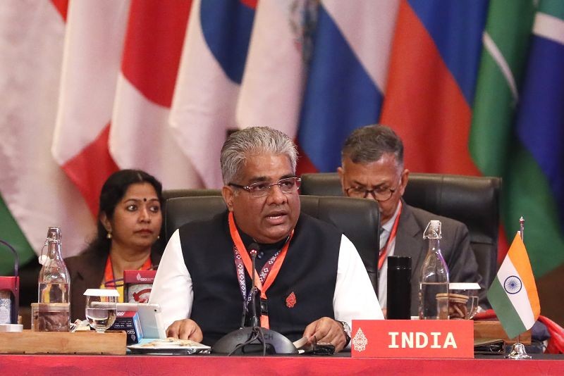 Indian Union Minister for Environment, Forest and Climate Change Bhupender Yadav speaks at the G20 Environment and Climate Ministerial Meeting in Nusa Dua, Bali, Indonesia on August 31, 2022. (AP/PTI Photo)