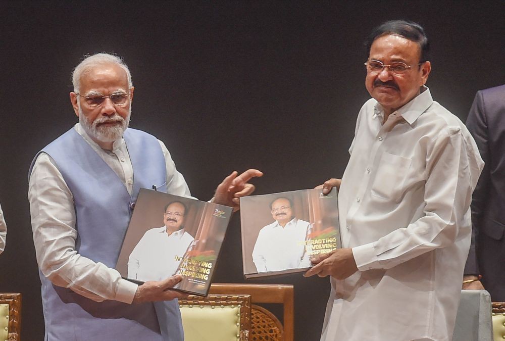 New Delhi: Outgoing Vice President M. Venkaiah Naidu with Prime Minister Narendra Modi during a farewell function organised for him, in New Delhi, Monday, Aug. 8, 2022. (PTI Photo/Arun Sharma)