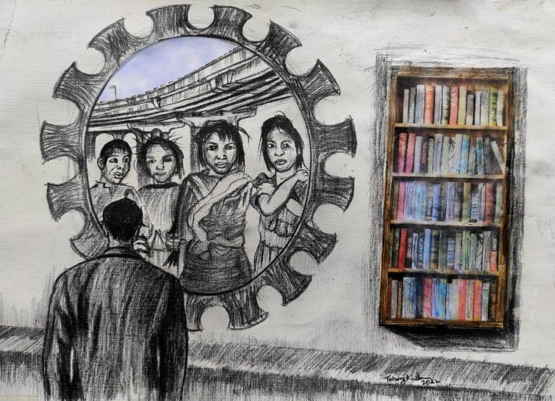 This illustration 'Children under the Bridge' is by Naga artist Throngkiuba Yimchungru and you can contact him at: throngkiubayim@gmail.com