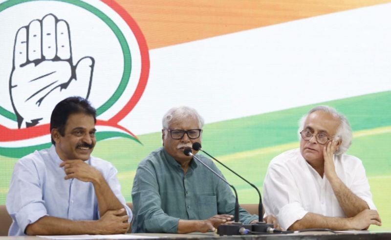 Congress leaders Madhusudan Mistry, KC Venugopal and Jairam Ramesh during a press conference at AICC HQ in New Delhi on August 28. (PTI Photo)