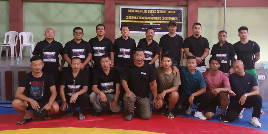 3E Nagaland officials with others during the inaugural programme of Naga wrestling coaching for non-wrestling community in Kohima on August 14. (Morung Photo)