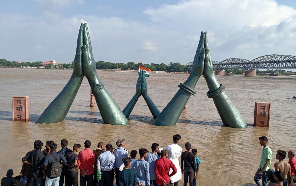 Varanasi : Namo Ghat drowned due to rise in water level of Ganga River in Varanasi on Saturday, August 20, 2022. (PHOTO:IANS/Phool Chandra)