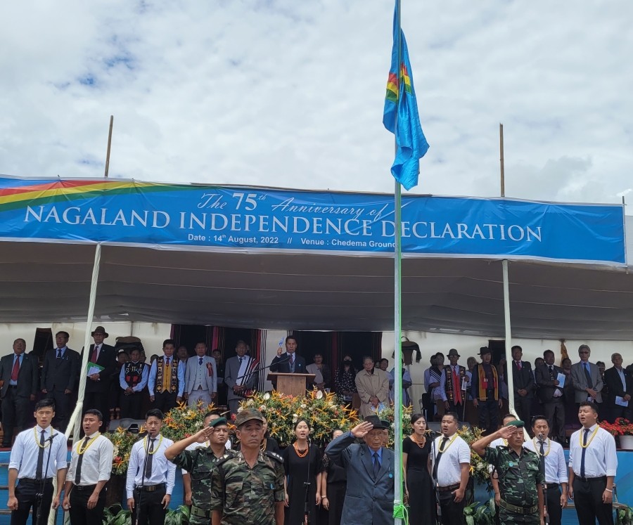 FGN Kedahge Gen (Retd) Viyalie Metha takes salute during the celebration of 75th anniversary of “Nagaland Independence Declaration” at Chedema on August 14. (Morung Photo)