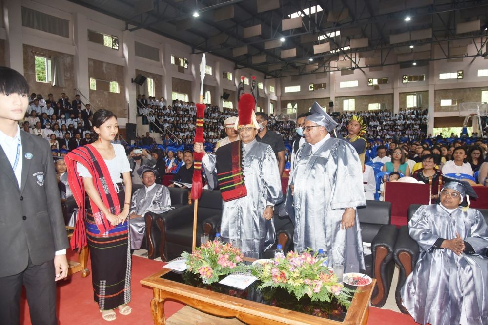 Governor of Nagaland and Assam Prof Jagdesh Mukhi addressing the students on the occasion of the 32nd Graduation Day celebration at College Indoor stadium, St. Joseph’s College Jakhama on August 22.