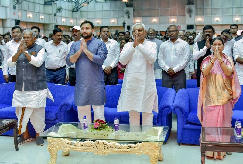 Bihar Chief Minister Nitish Kumar with Deputy Chief Minister Tejashwi Yadav, HAM-S Chief Jitan Ram Manjhi and RJD leader Rabri Devi during the swearing-in ceremony of Bihar Cabinet Ministers at Raj Bhavan, in Patna on August 16, 2022. (PTI Photo)