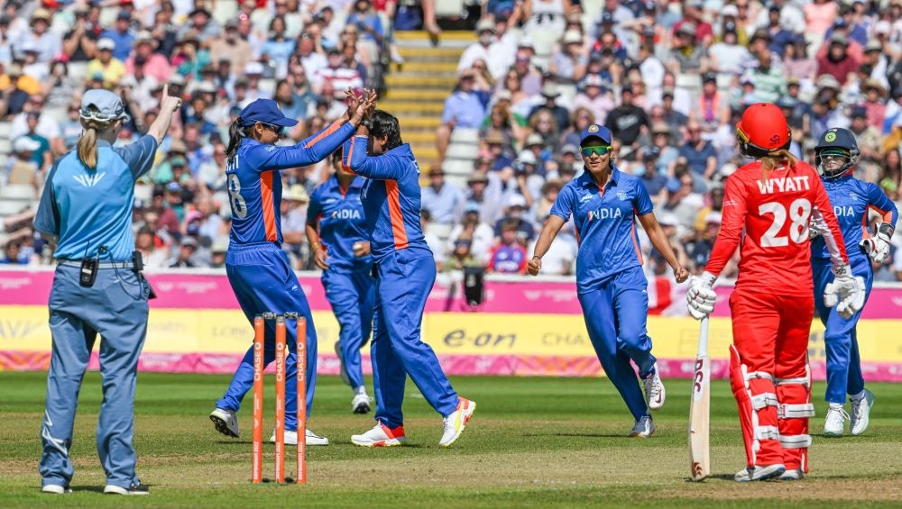 Birmingham: Indian women cricket team players celebrate after taking a wicket during the Women's Cricket T20 Semifinal match between India and England in the Commonwealth Games (CWG) 2022, at Edgbaston Stadium, in Birmingham, UK, Saturday, Aug. 6, 2022. (PTI Photo/R Senthil Kumar)