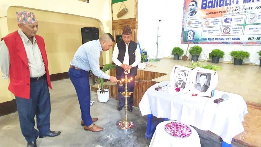 Col Sati, CO 1st AR along with Gorkha leaders of Kohima lighting the lamp on the occasion of Balidan (martyrs') Diwas.