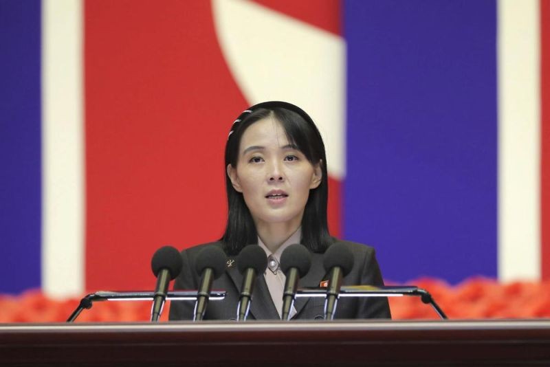 This photo provided on Aug. 14, 2022, by the North Korean government, Kim Yo Jong, sister of North Korean leader Kim Jong Un, delivers a speech during the national meeting against the coronavirus, in Pyongyang, North Korea, on Wednesday, Aug. 10, 2022. In a Friday, Aug. 19, 2022, commentary published by local media, Kim says her country will never accept South Korean President Yoon Suk Yeol’s “foolish” offer of economic benefits in exchange for denuclearization steps, accusing Seoul of recycling past proposals Pyongyang already rejected. (AP Photo)