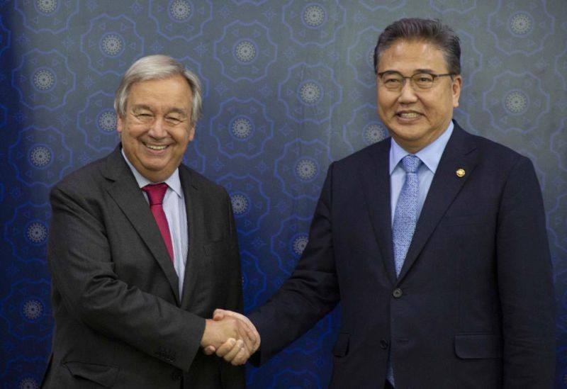 U.N. Secretary-General Antonio Guterres, left, shakes hands with South Korean Foreign Minister Park Jin before their meeting at the Foreign Ministry in Seoul, South Korea on August 12, 2022. (AP Photo)